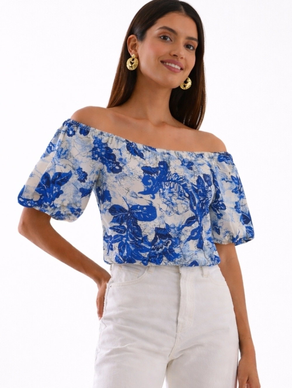 H&M Blue Floral Off-Shoulder Puff Sleeves Elastic Crop Top Size Medium NEW